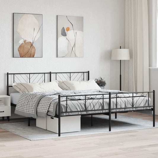 Modern black metal queen bed frame with geometric headboard