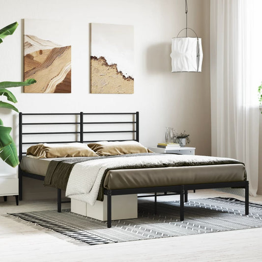 Dark grey metal platform bed frame with horizontal slats and a minimalist headboard twin size