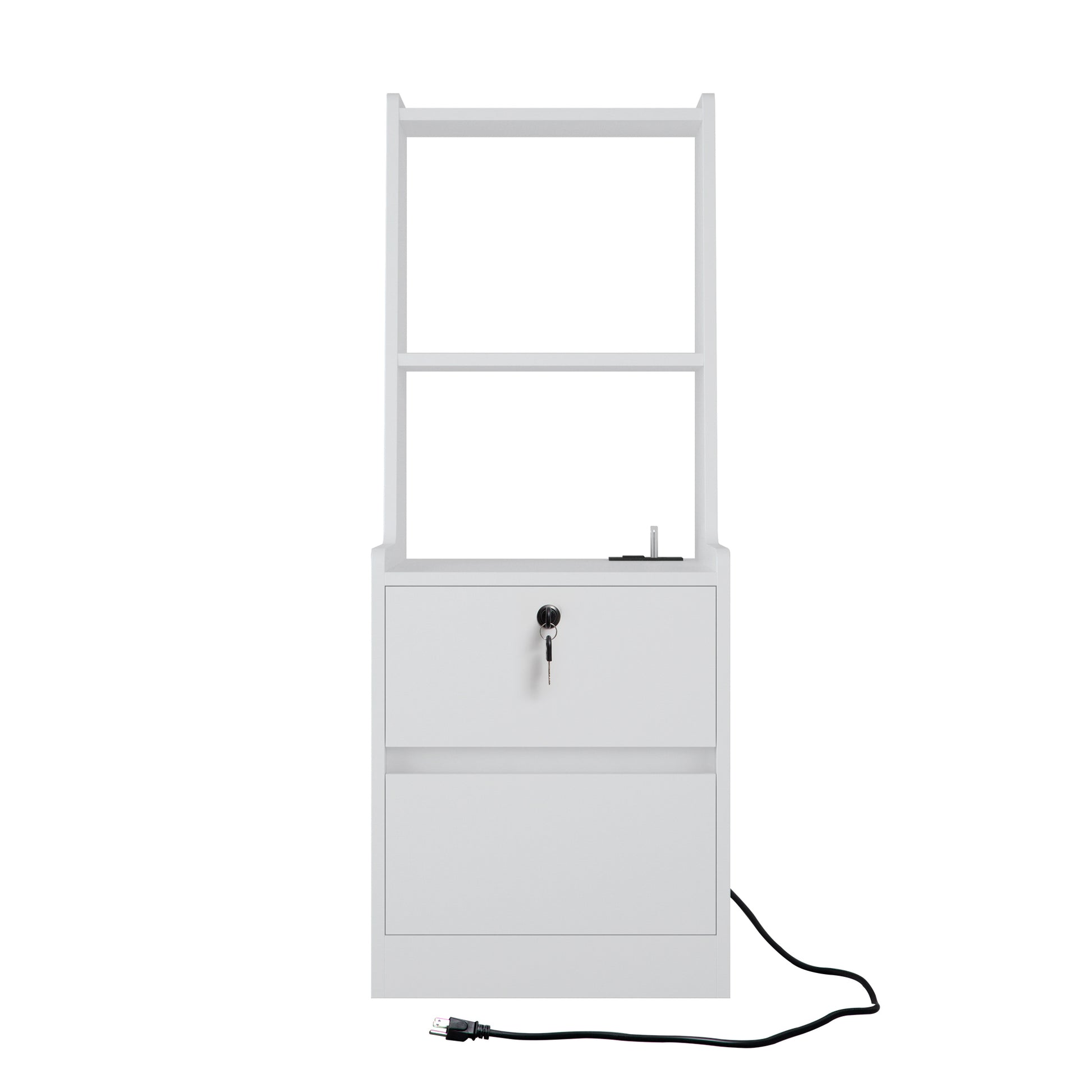 White metal filing cabinet with two drawers shelf unit and power cord