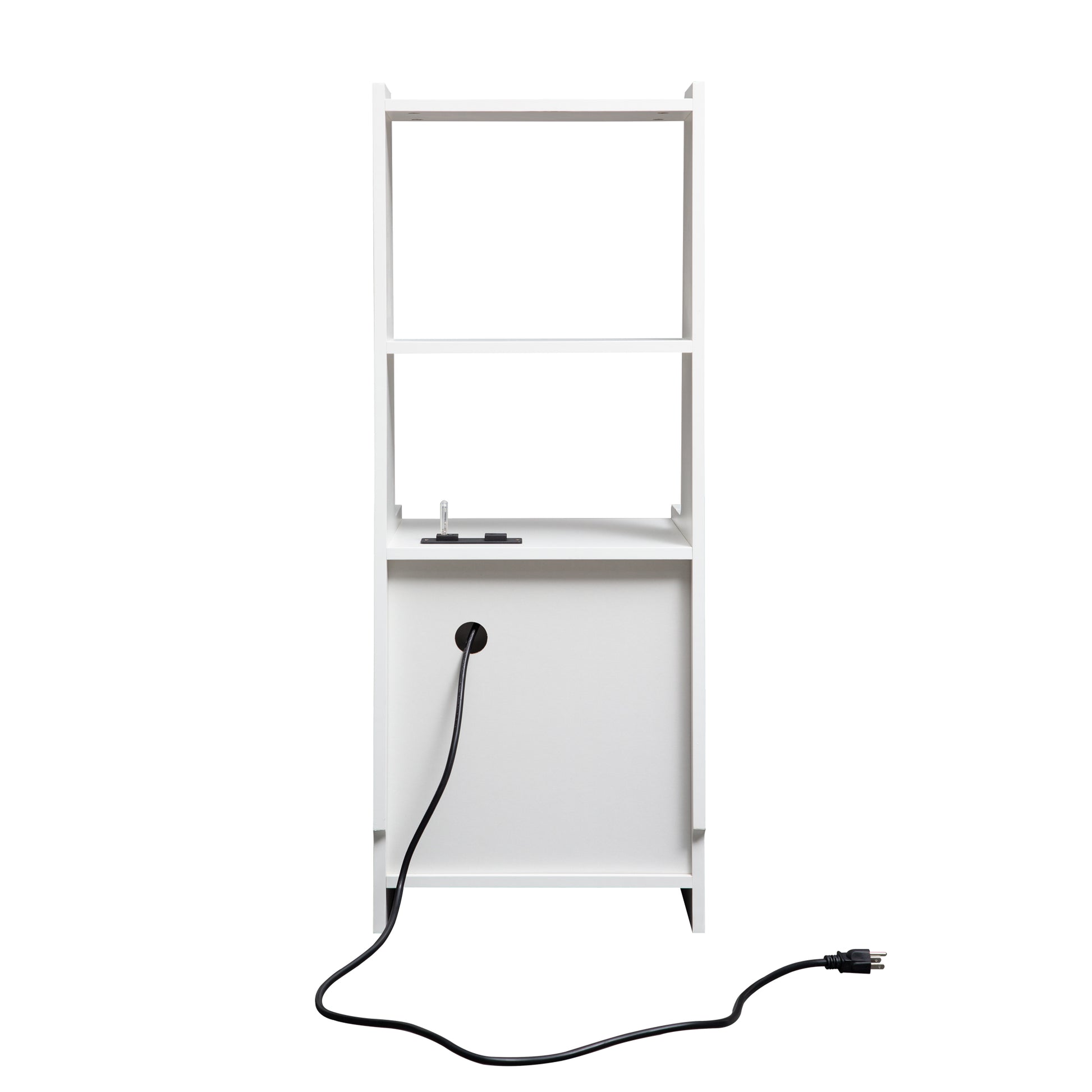 White ladder shelf with integrated power outlet and cord