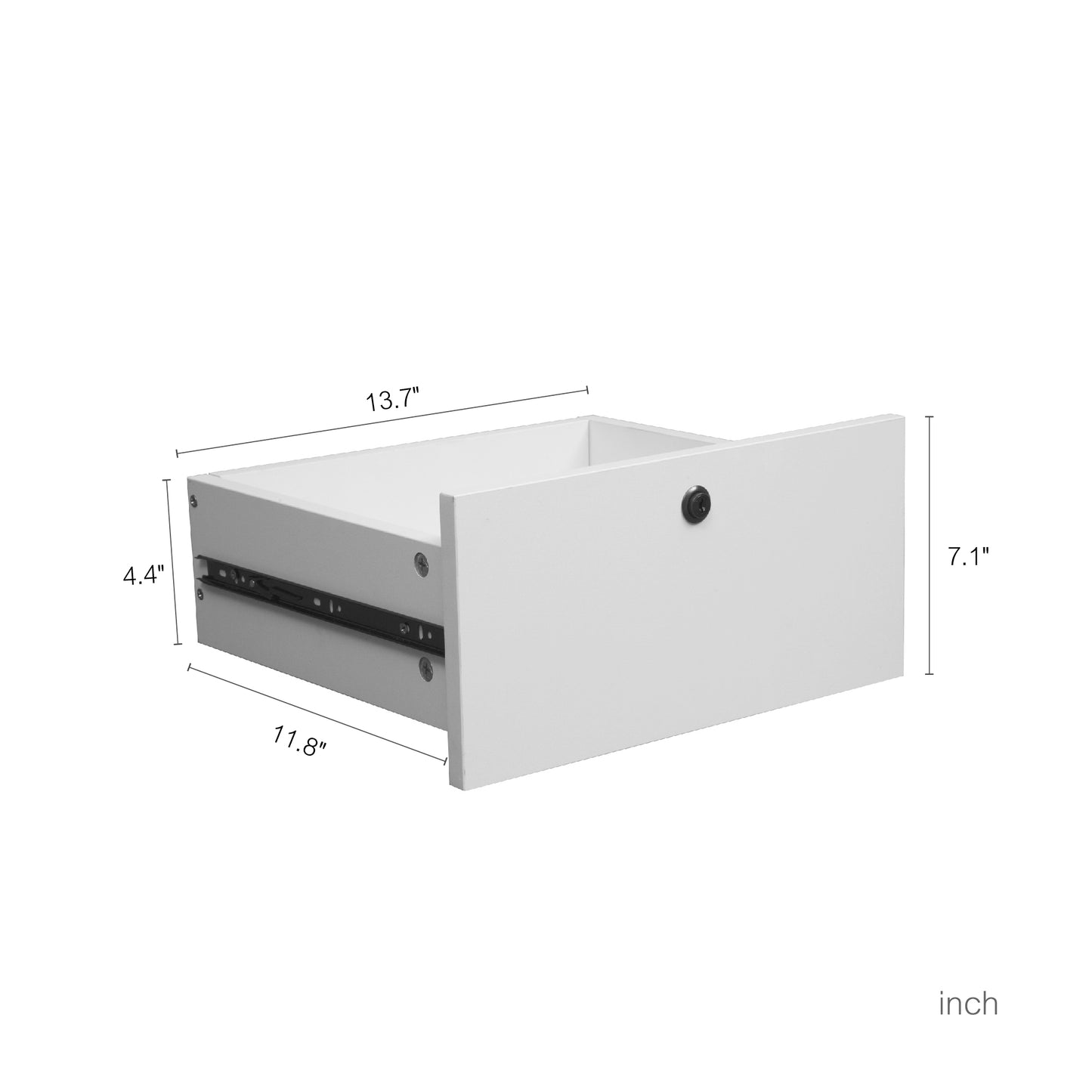 White wooden drawer with metal glides  L x  W x  H