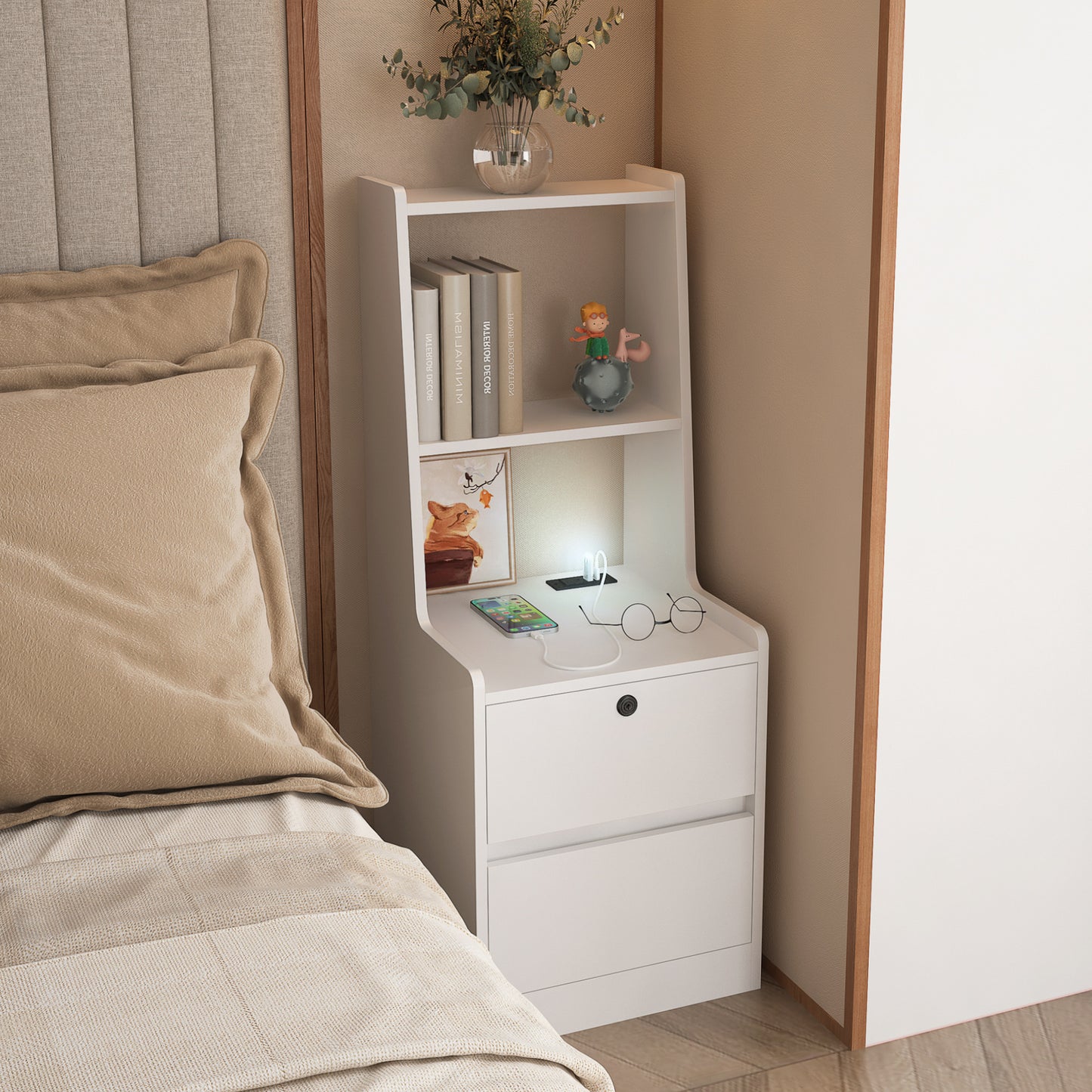 White bedside table with builtin USB charger and two drawers