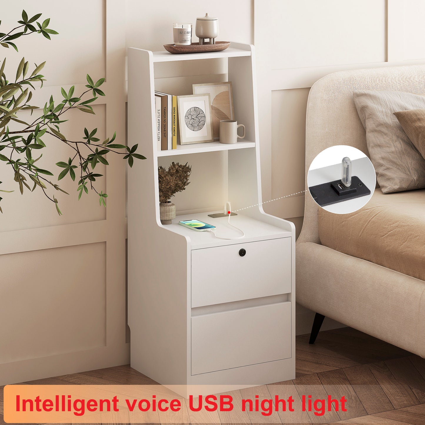 White modern nightstand with two drawers and builtin USB charging port