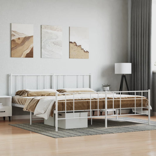 White metal twin bed frame with slatted headboard and footboard