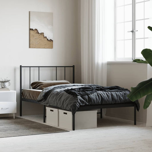Black metal twin bed frame with modern headboard and footboard
