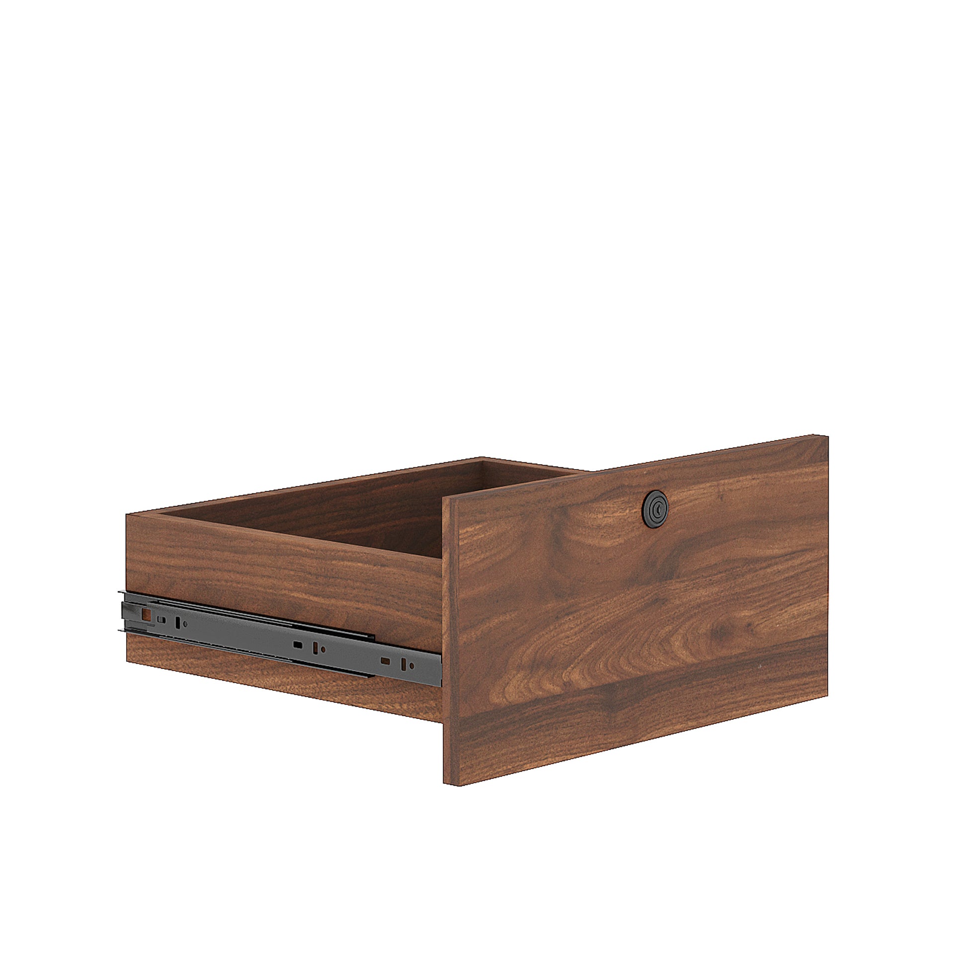 Walnut wood drawer box with black metal drawer slides and a black circular pull