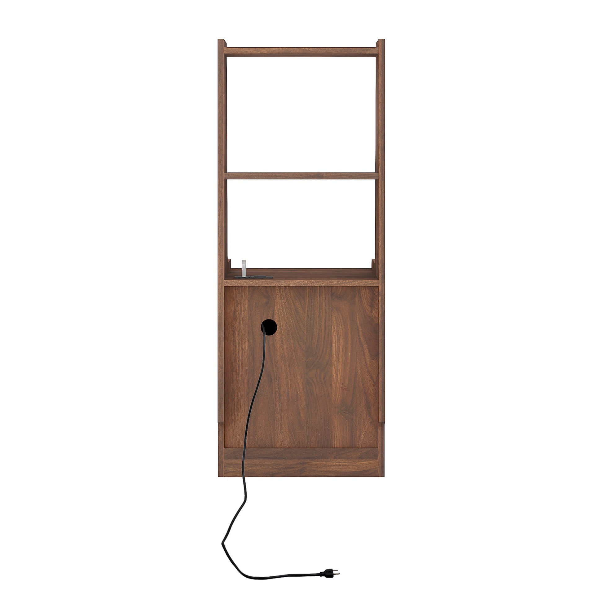 Modern walnut bookshelf with integrated charging cable