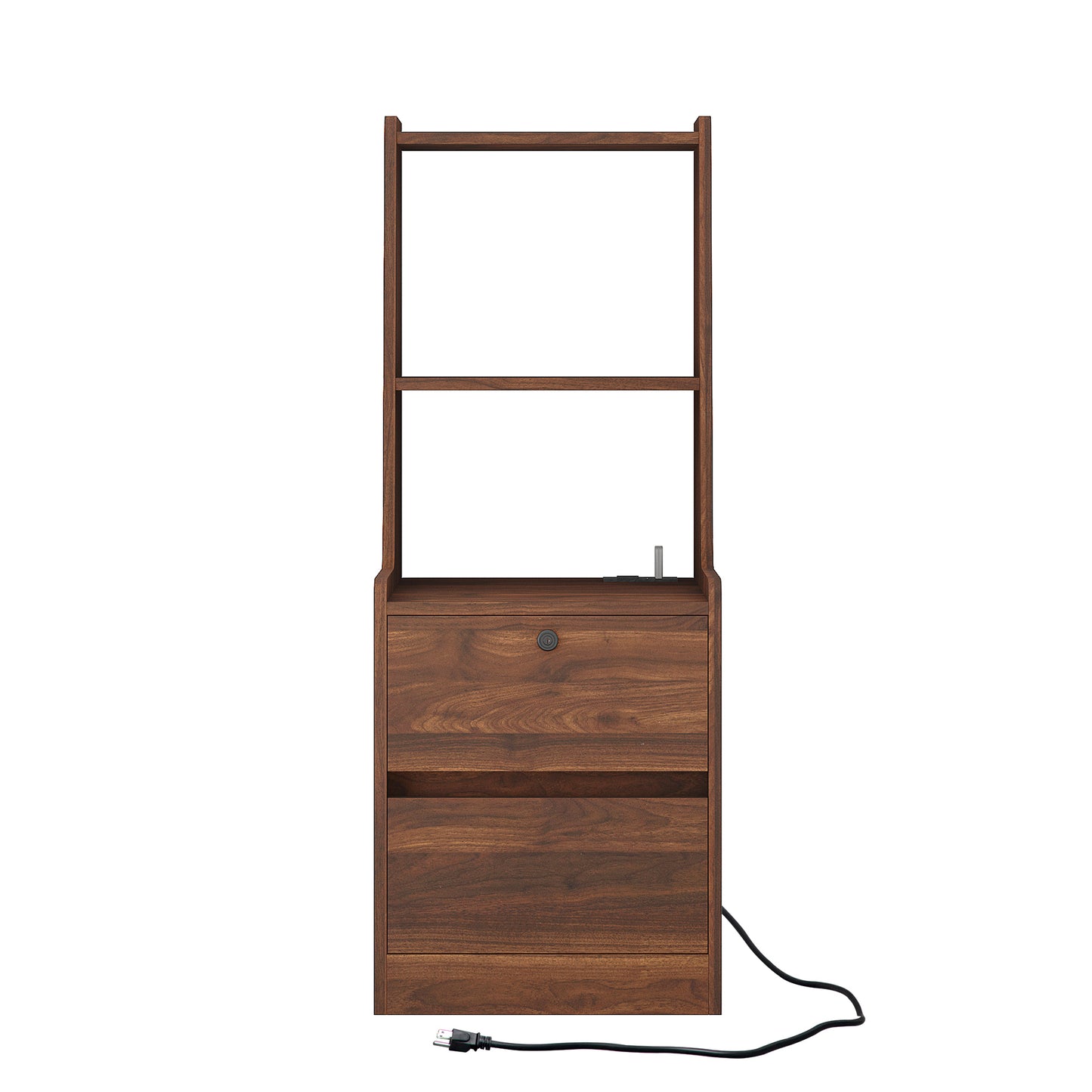 Dark wood filing cabinet with two drawers and open shelves