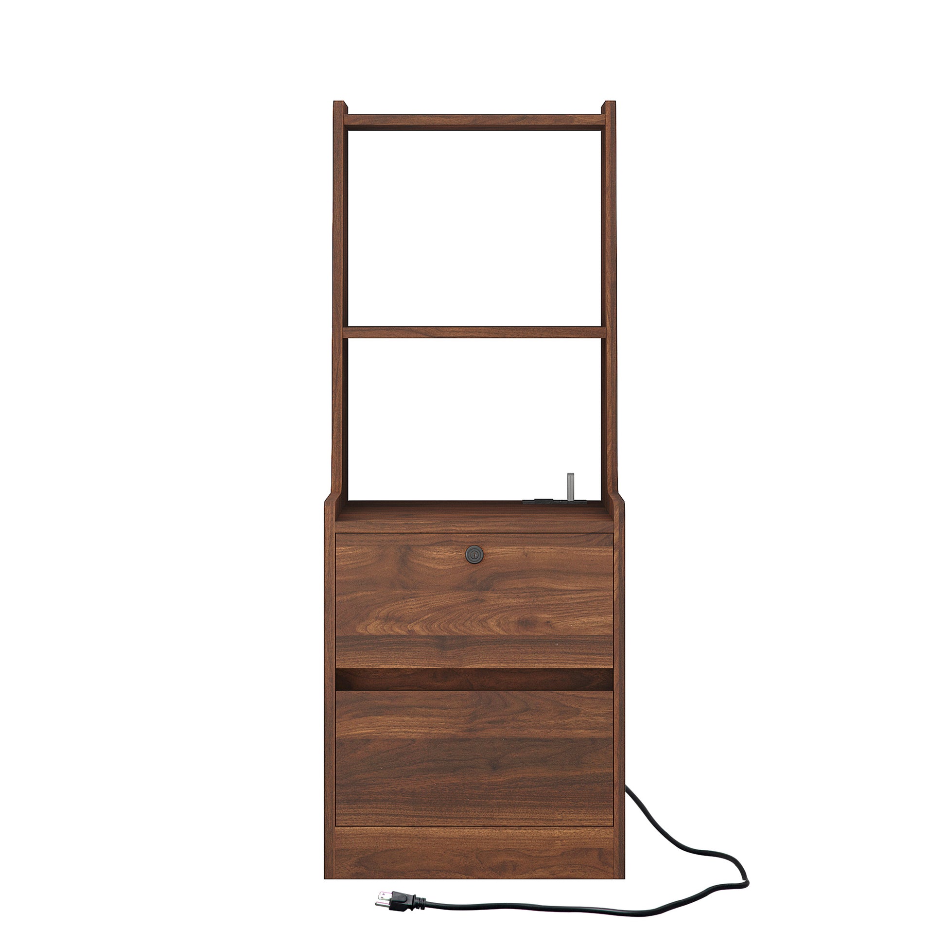 Dark wood filing cabinet with two drawers and open shelves