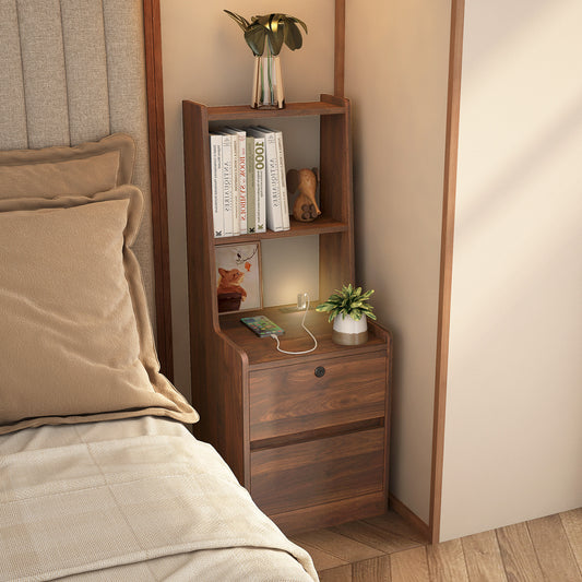 Slim walnut bedside table with drawer and open shelves
