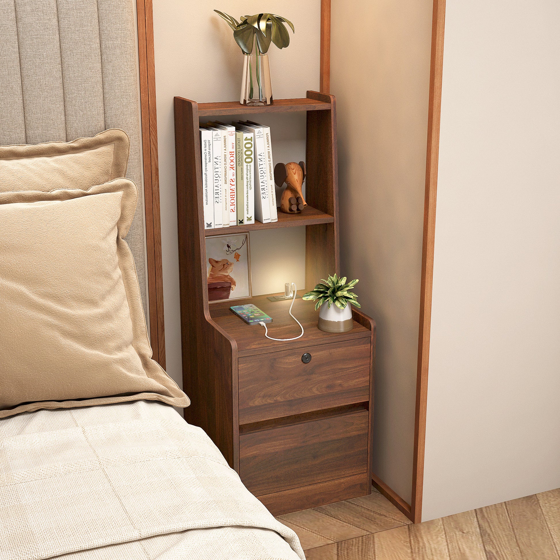 Dark wood nightstand with two drawers and open shelving