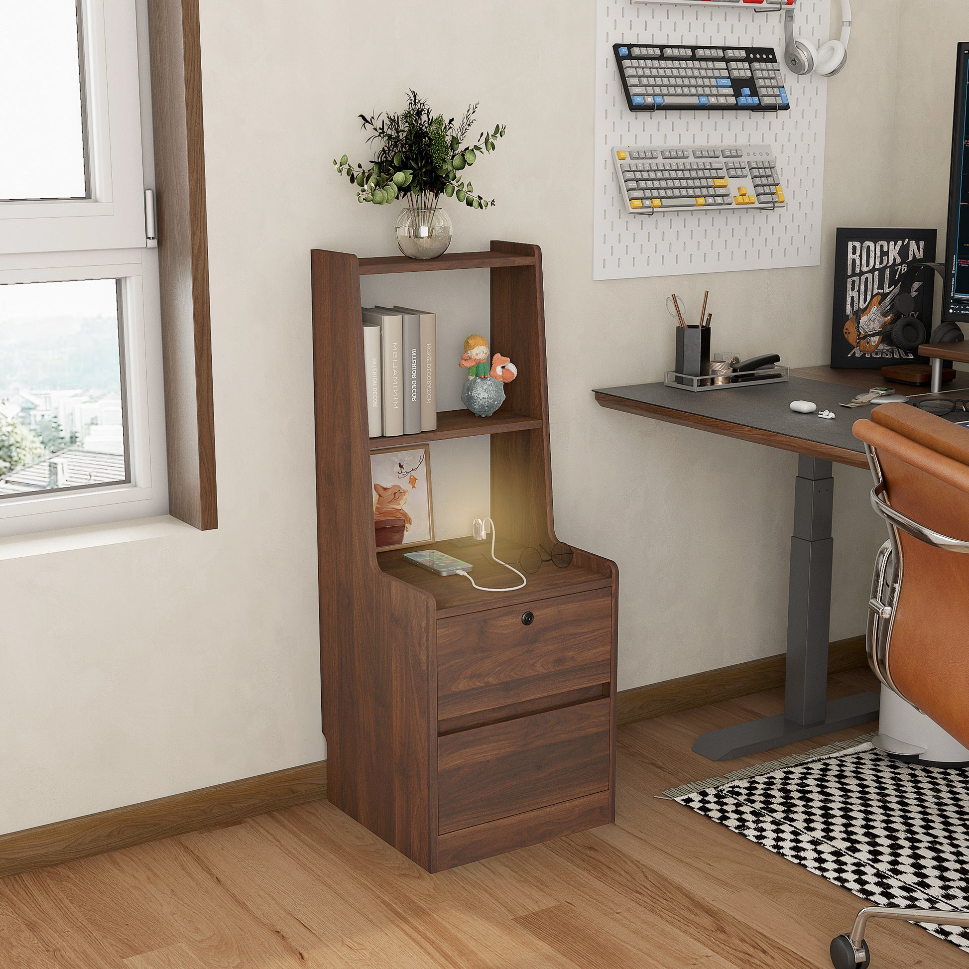 Compact dark wood bedside table with one drawer and open shelves