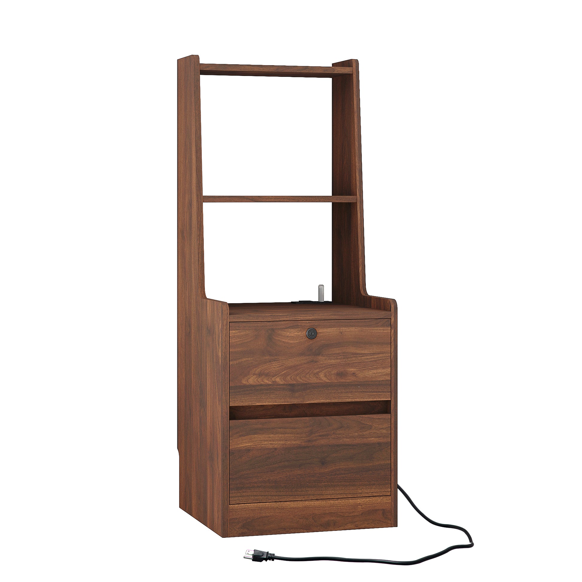 Walnut wood ladder desk with two drawers and open shelving