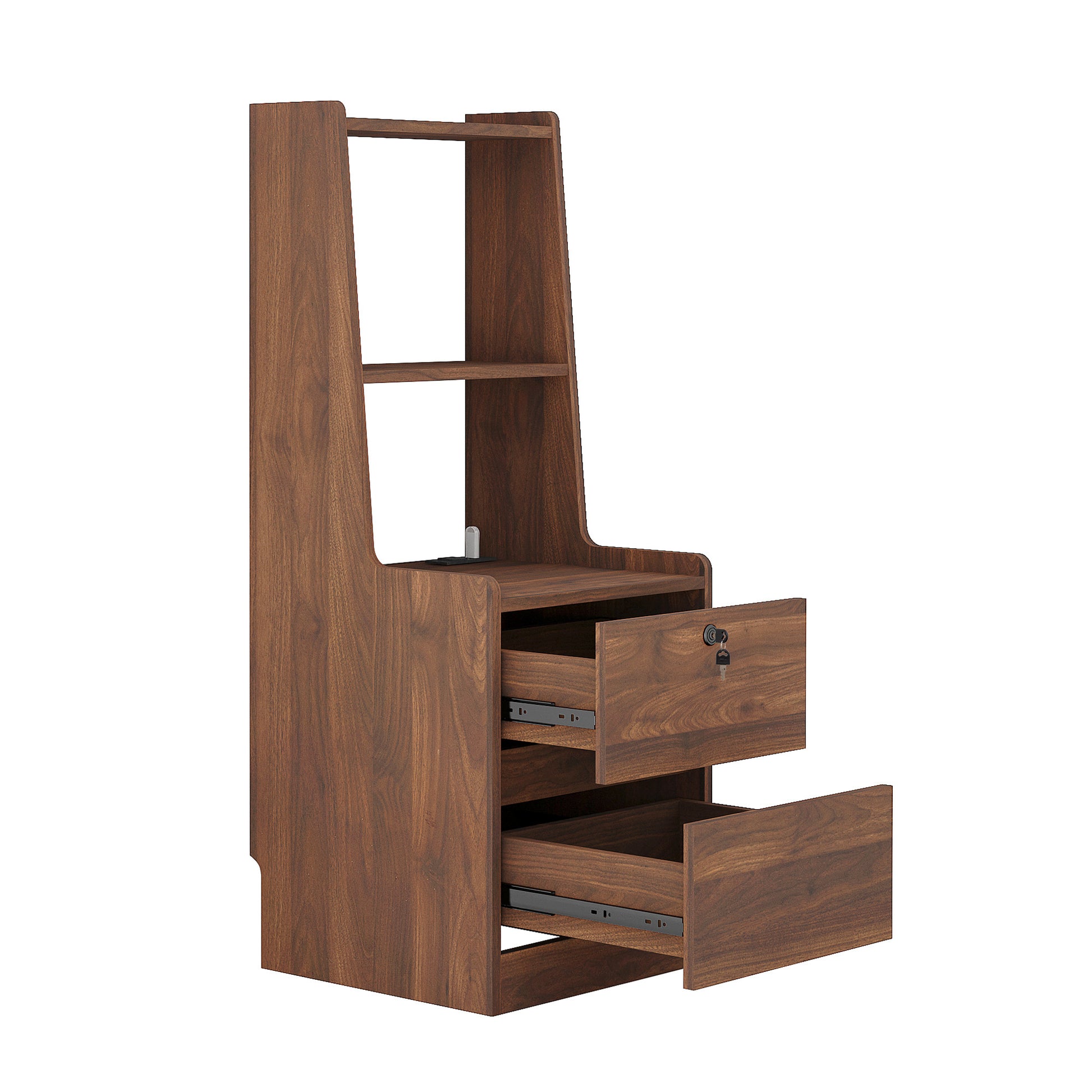 Wooden filing cabinet with two drawers and open shelves