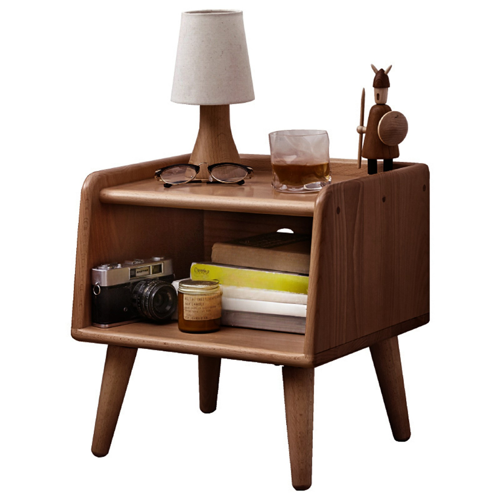 Midcentury modern wooden nightstand with tapered legs and open shelf