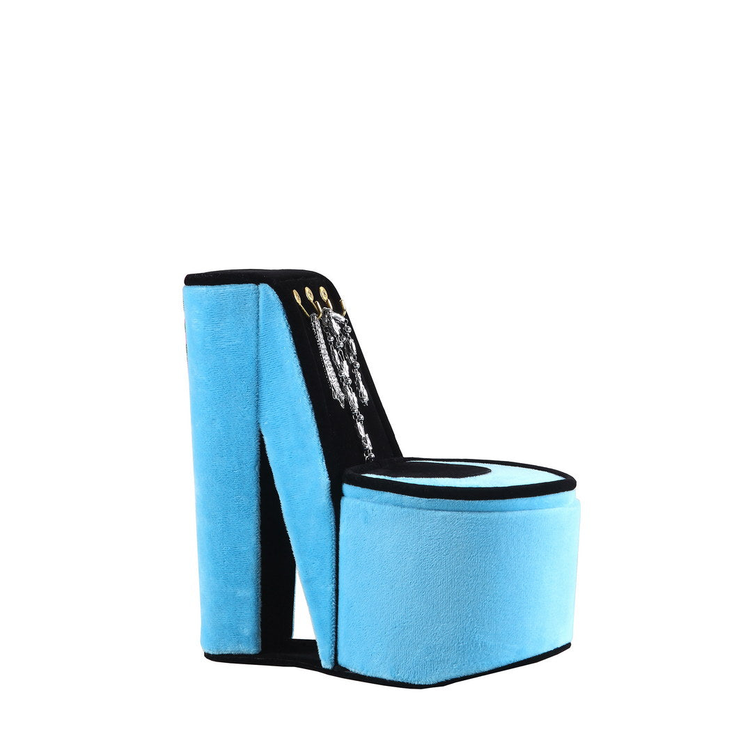 Sky blue platform shoe with black trim and silver embellishments