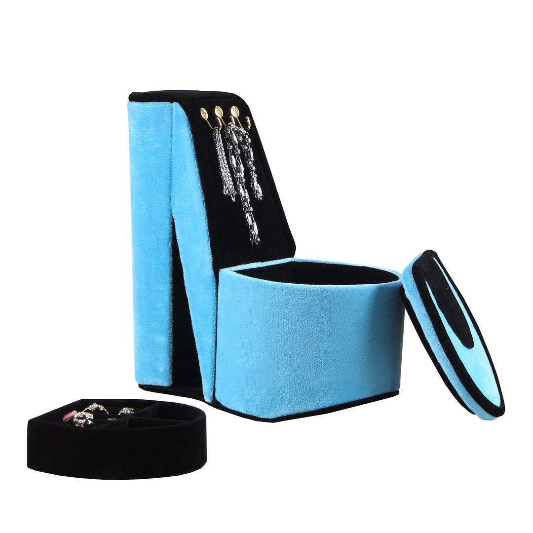 Blue velvet high heel shoe jewelry organizer with hanging earrings and rings