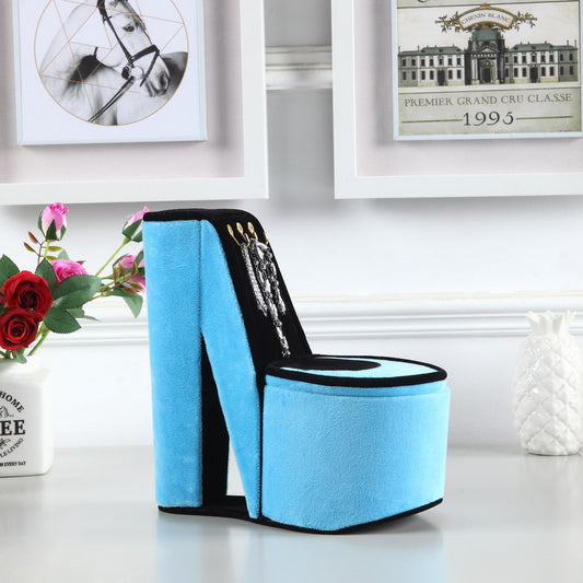 Blue velvet high heel jewelry organizer with silver pendants