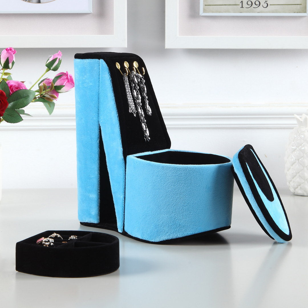 Blue high heel shoe jewelry organizer with black interior