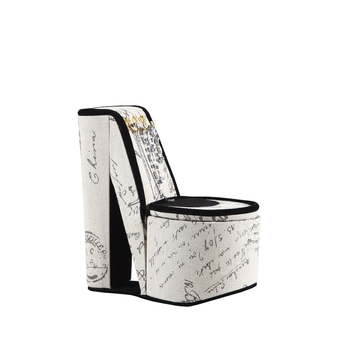 Embroidered high heel shoe storage box with script pattern and dangling jewels