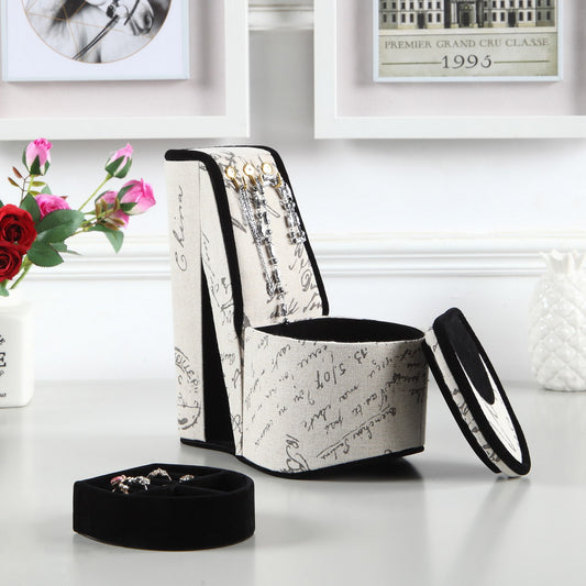 Fabric high heel jewelry box with ring tray