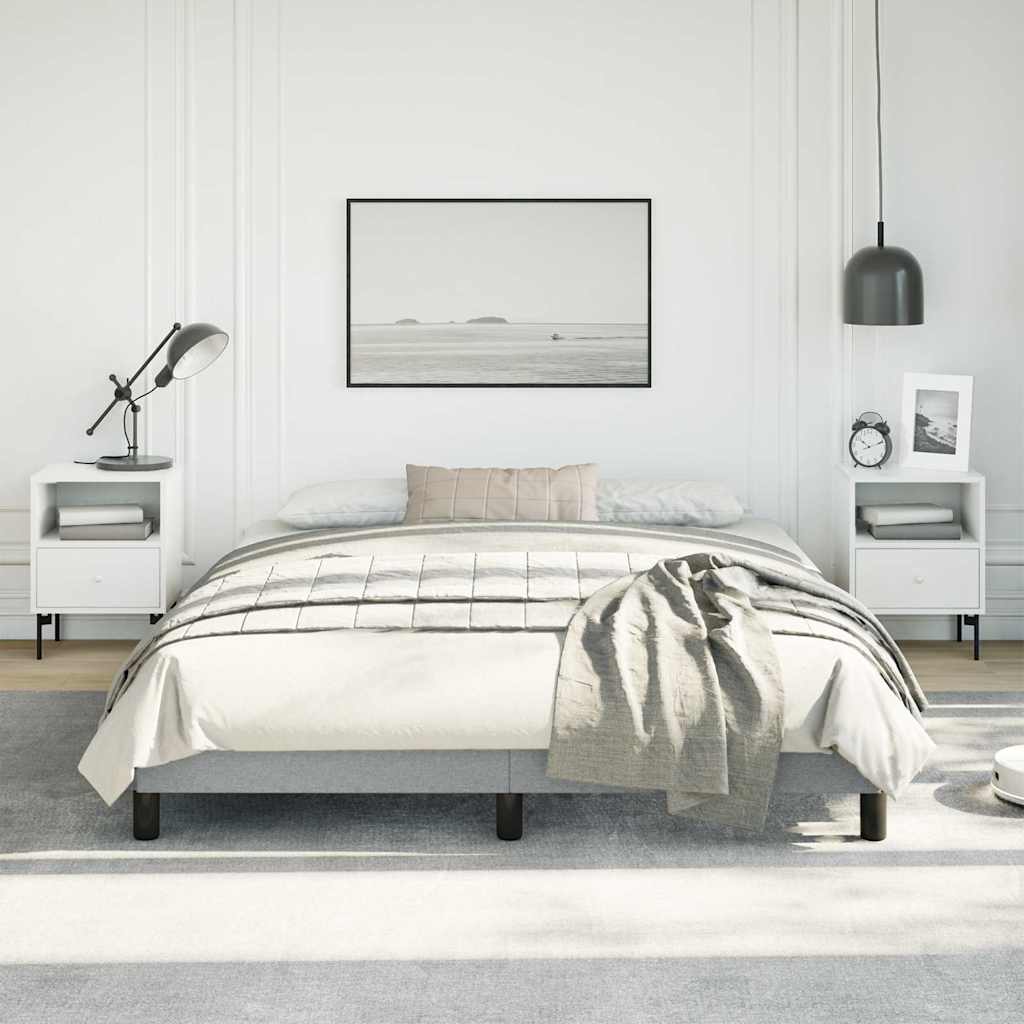 Modern platform bed frame with grey upholstered headboard and lowprofile base