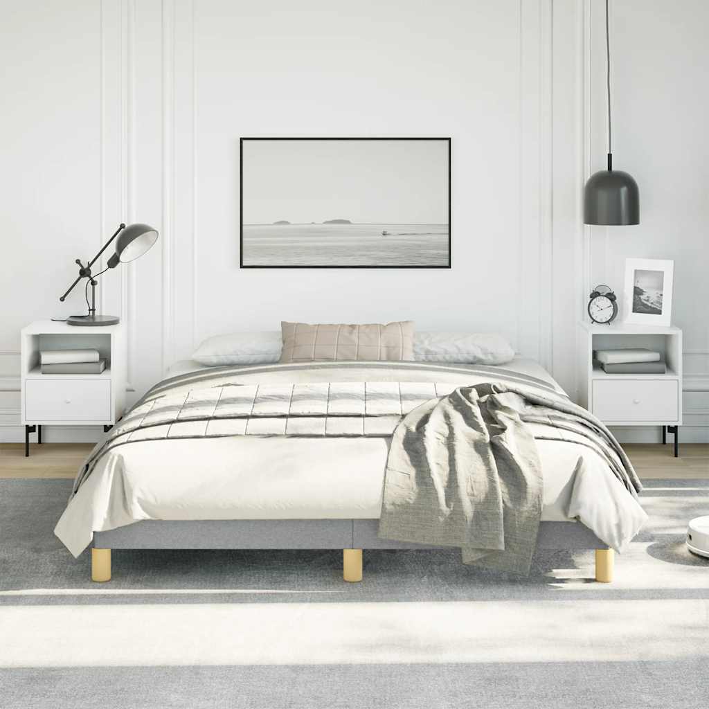 Modern upholstered platform bed frame with grey fabric and wooden legs