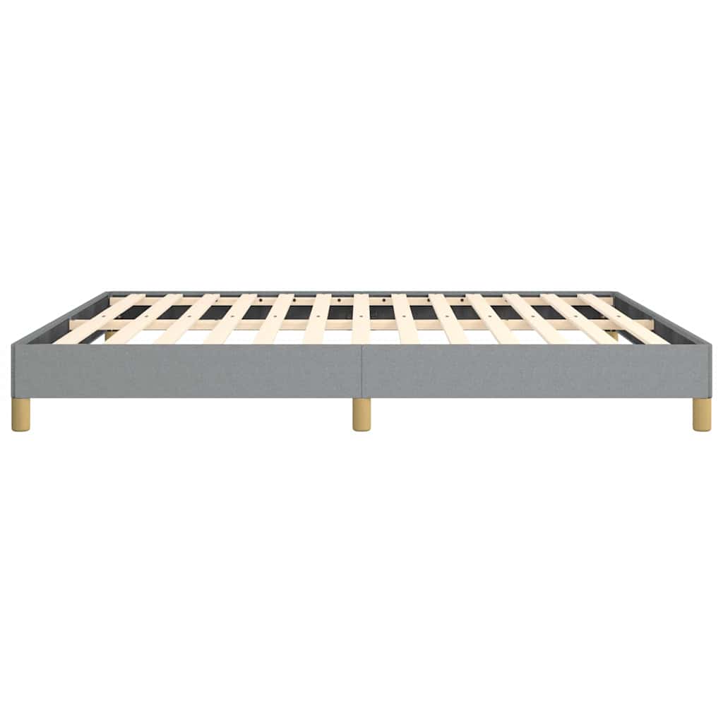 Gray upholstered bed frame with wooden slats and blonde legs