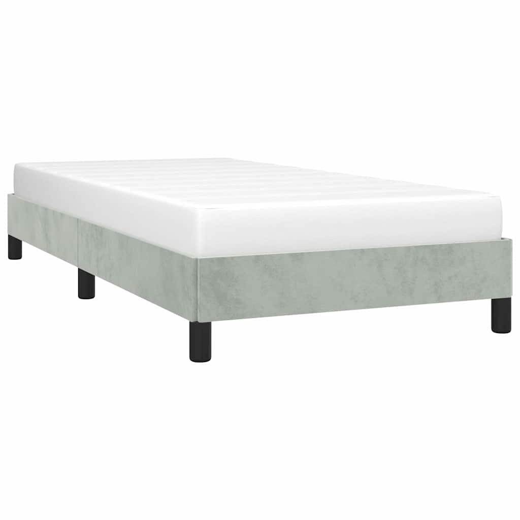 Modern grey velvet upholstered twin bed frame with black legs