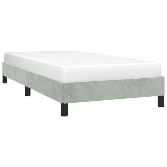 Modern grey velvet upholstered twin bed frame with black legs