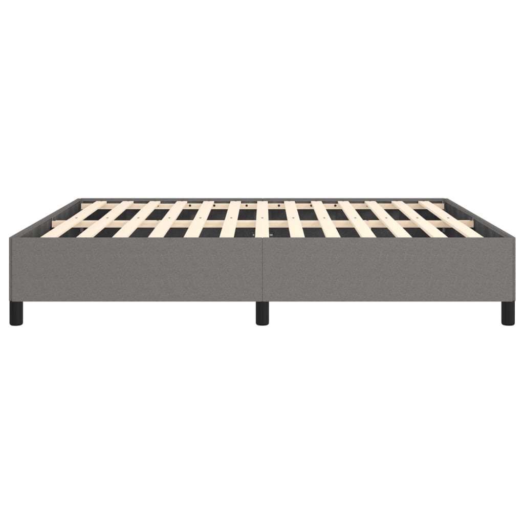 Grey fabric platform bed frame with wooden slats and black legs