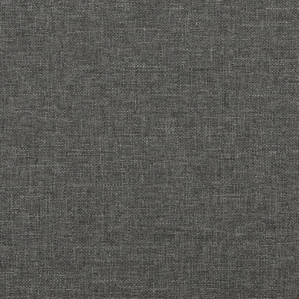 Gray fabric upholstered twin bed frame with wooden slats and short wooden legs