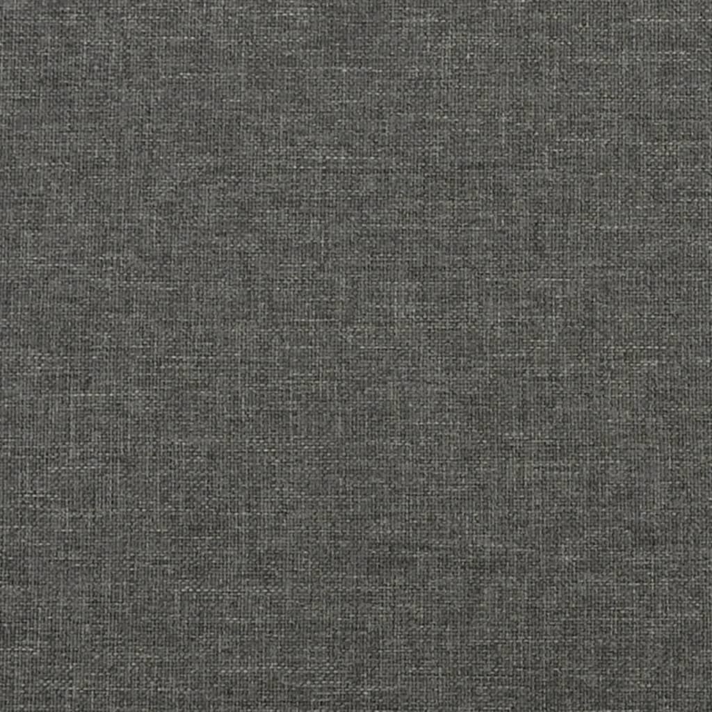 Grey upholstered bed frame with wooden slats and black legs