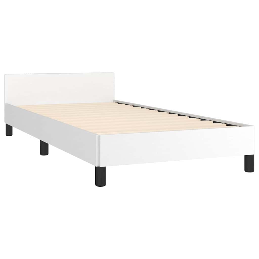 Modern white platform bed frame with upholstered headboard