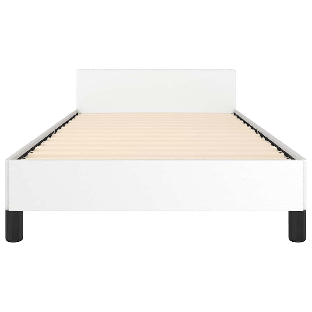 White upholstered twin bed frame with a simple headboard and black legs