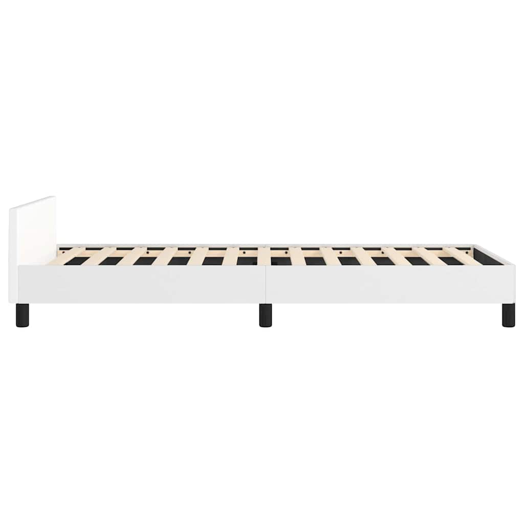 White single bed frame with black legs and slatted base