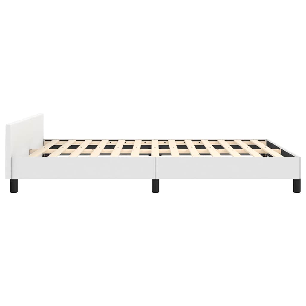 White upholstered bed frame with a minimalist headboard and black legs