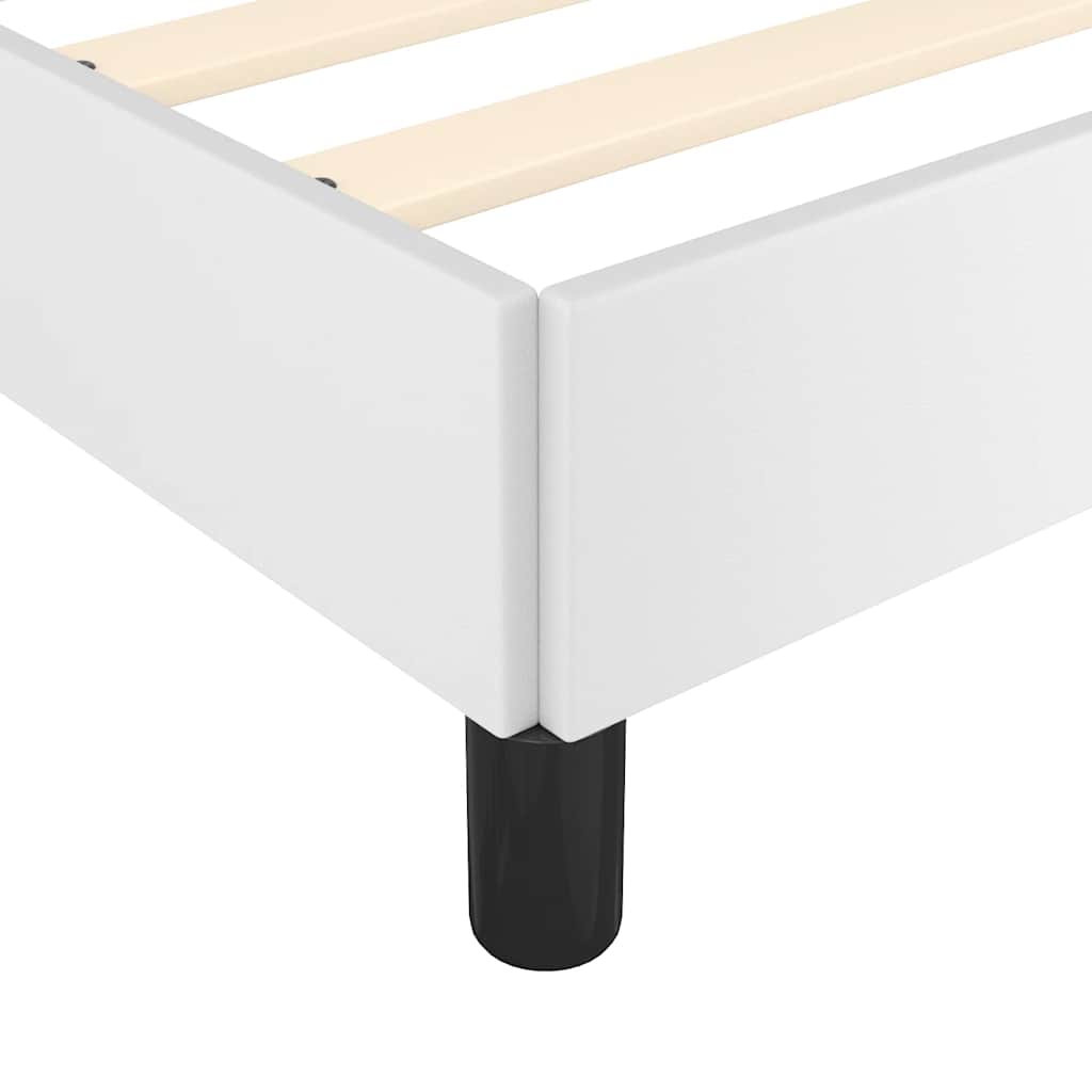 Modern white platform bed frame with wooden slats and black legs