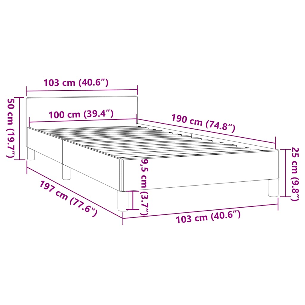 Closeup of a grey upholstered bed frame with wooden slats and black cylindrical legs