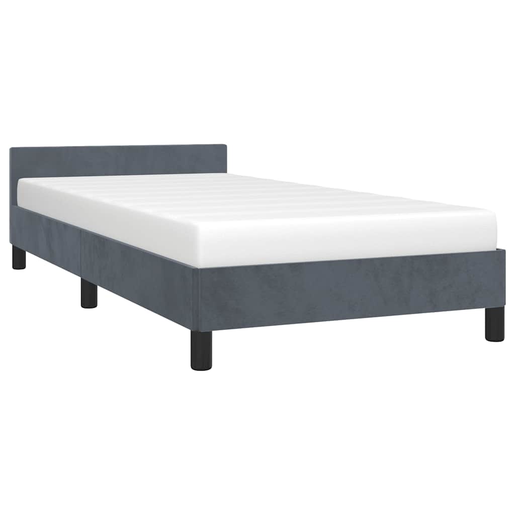 Modern gray upholstered single bed frame with white mattress