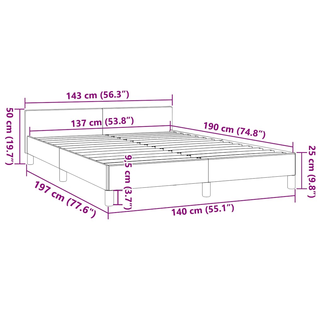 Closeup of a light gray fabric upholstered bed frame with wooden slats and black cylindrical legs