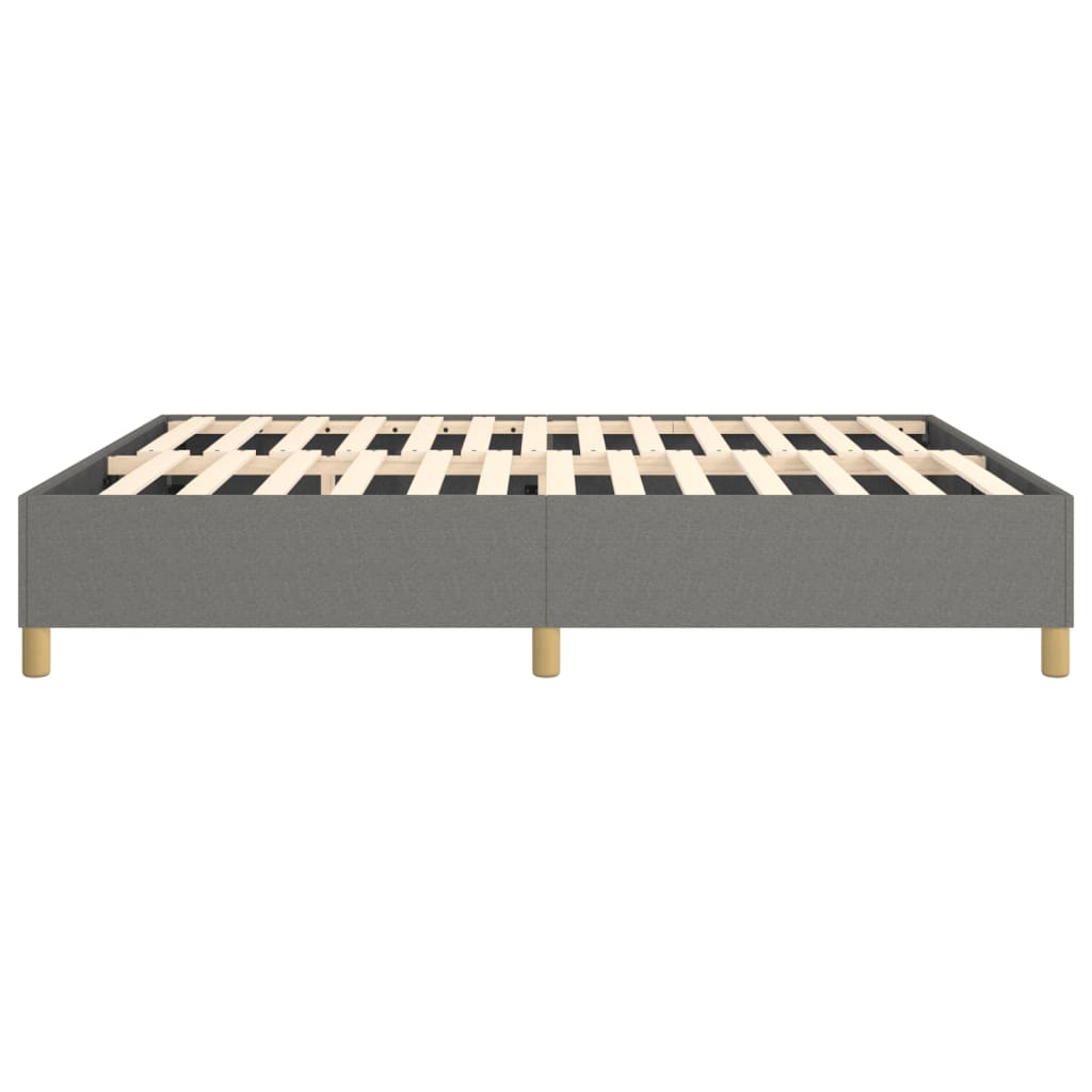 Gray upholstered queen bed frame with wooden slats and gold legs