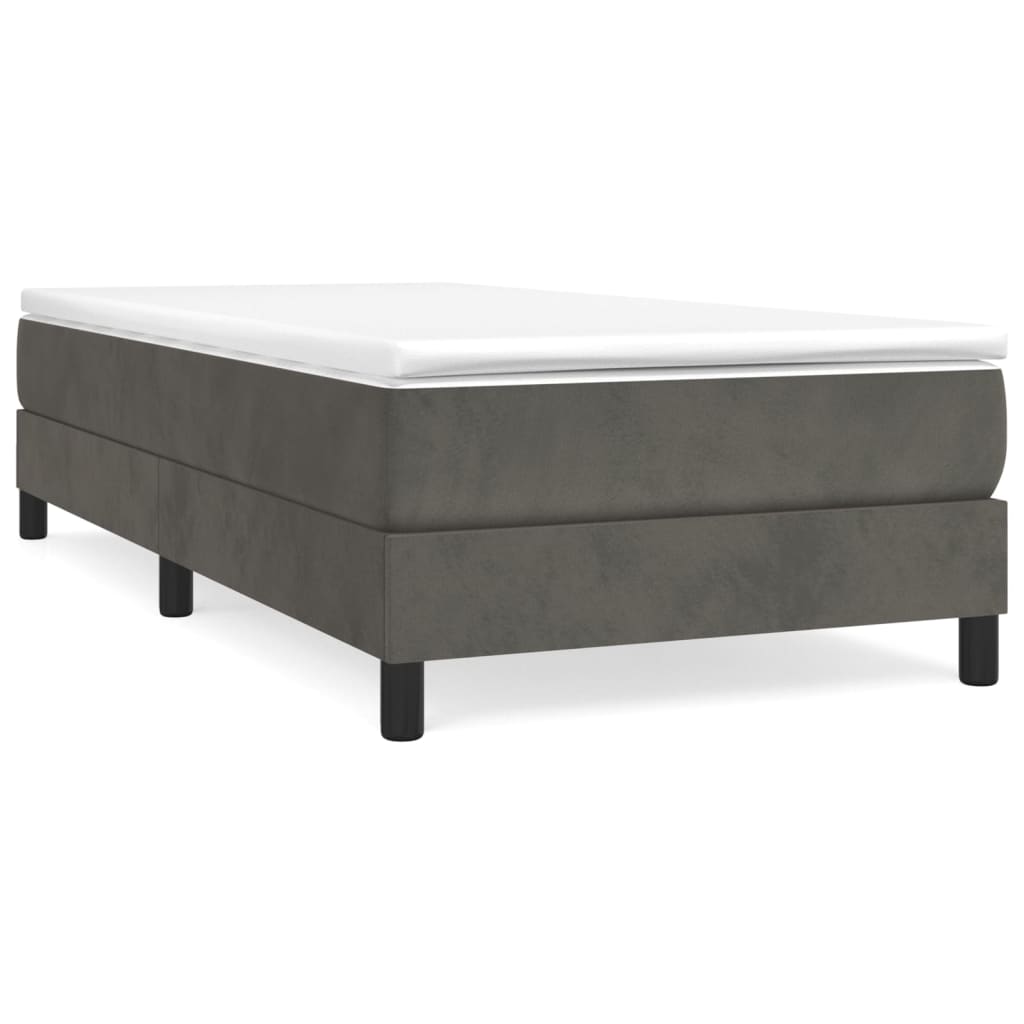 Line drawing of a single bed frame with slatted base and four legs showing dimensions