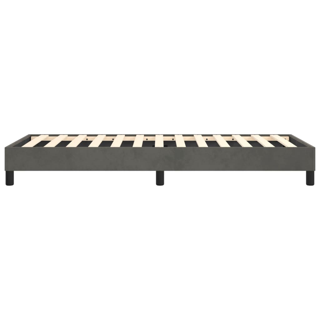 Dark gray upholstered bed frame with wooden slats