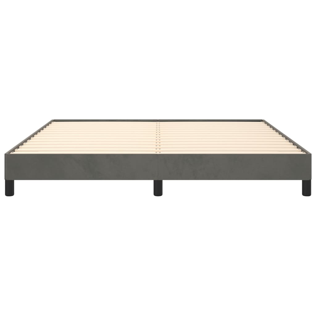 Modern grey upholstered platform bed frame with slatted support