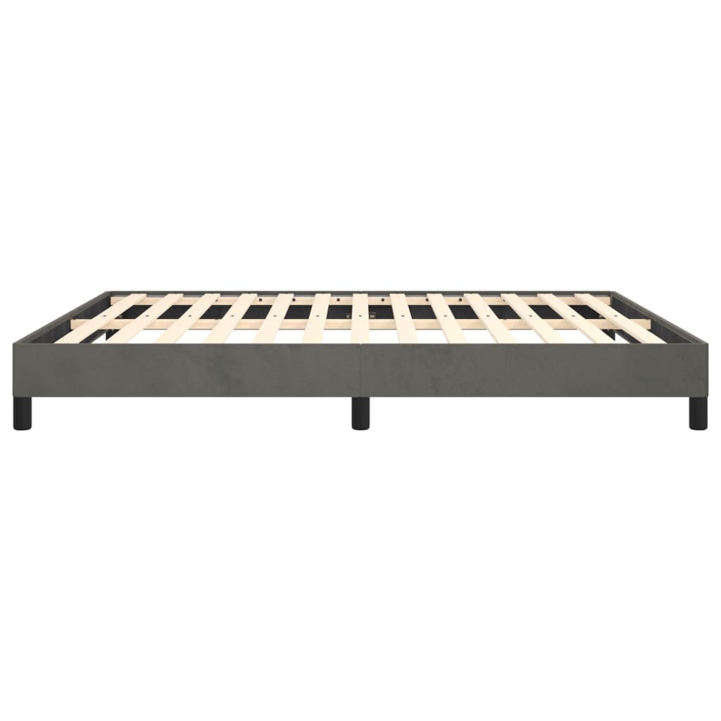 Gray upholstered bed frame with wooden slats