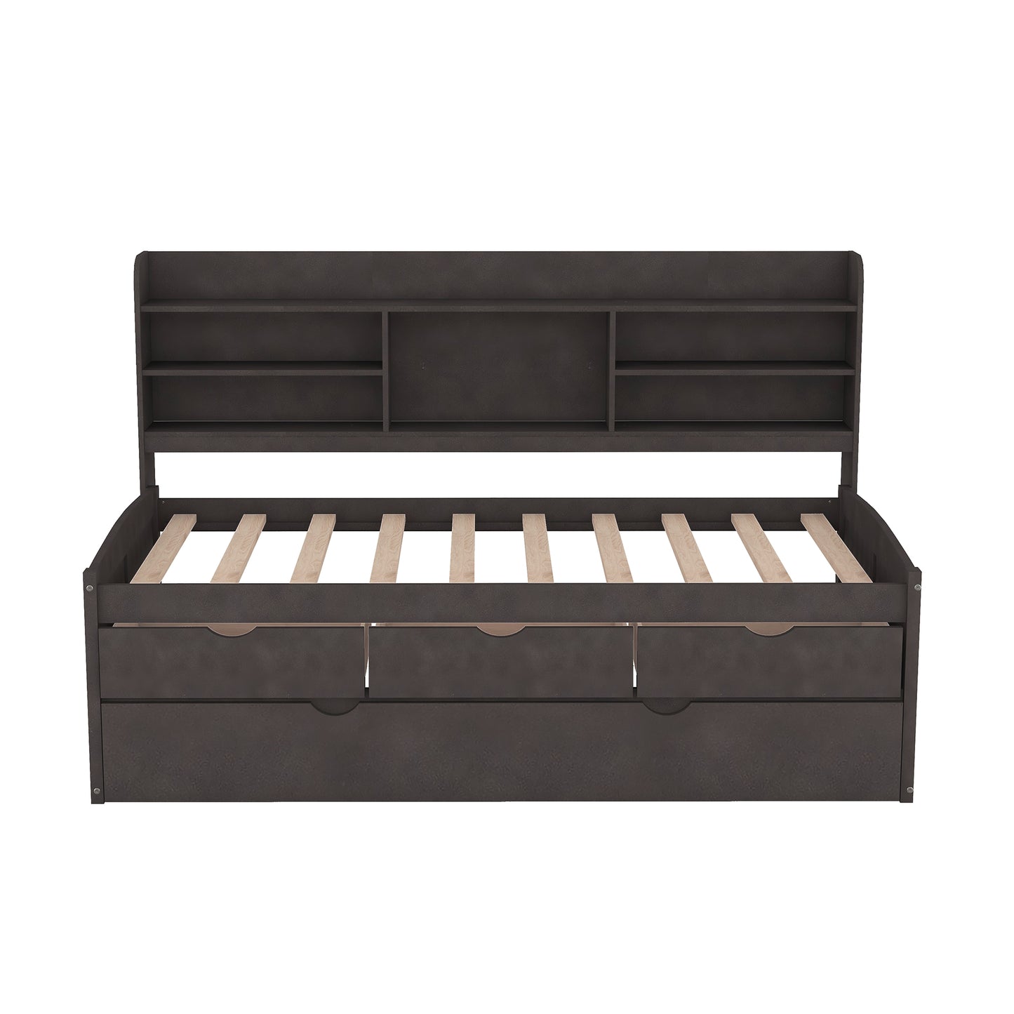 Dark grey twin daybed with builtin storage drawers and shelves