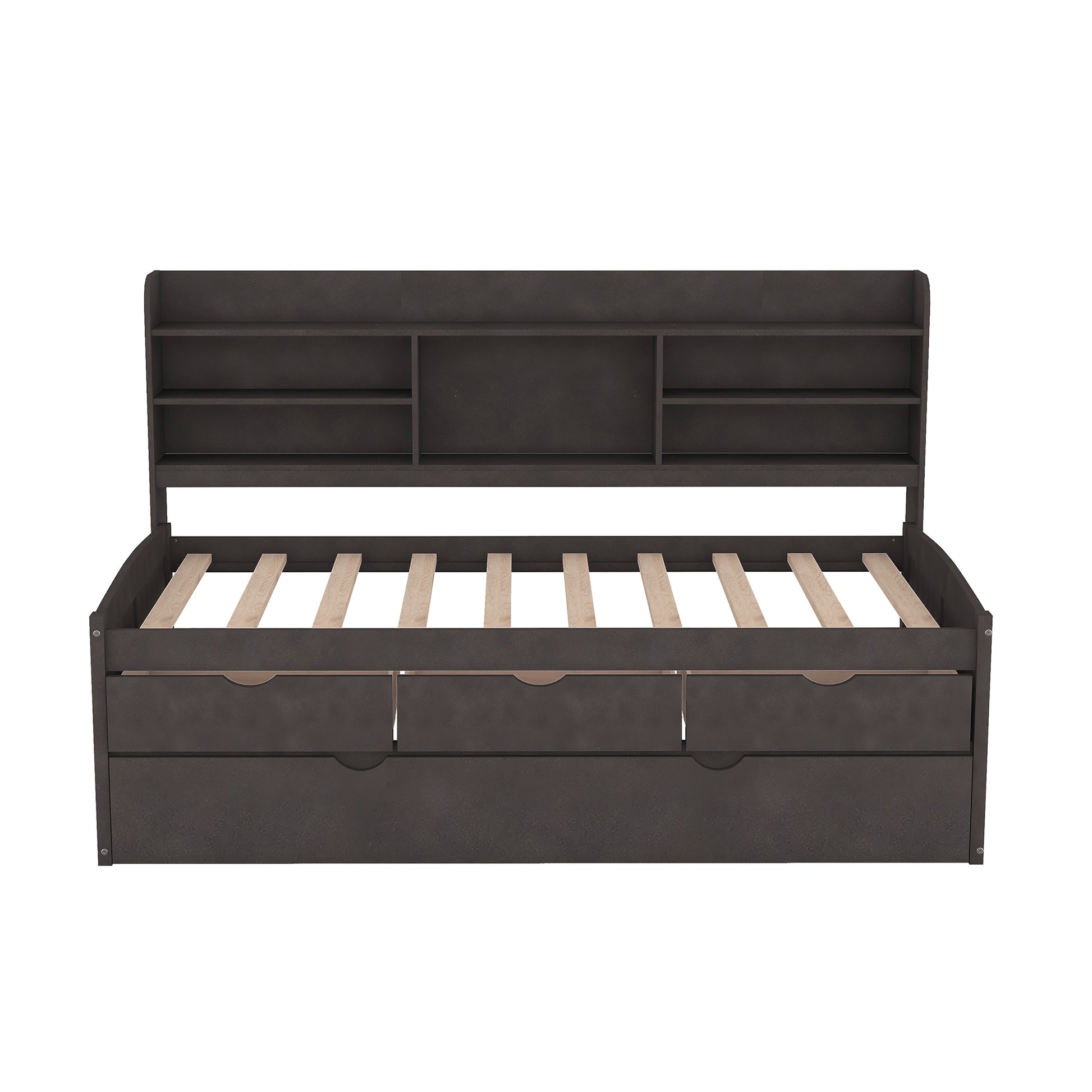 Dark grey twin daybed with builtin storage drawers and shelves