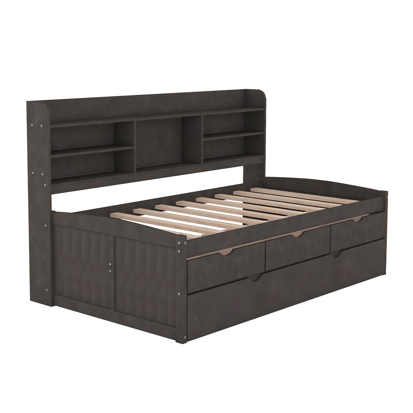 Dark grey wood daybed with builtin shelves and three drawers