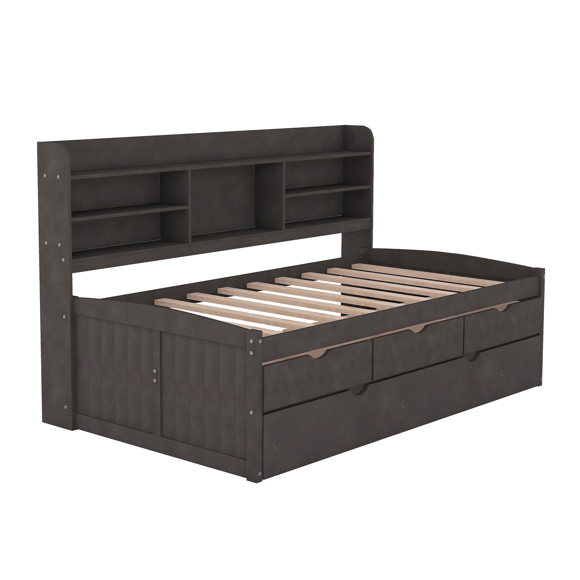 Dark grey wood daybed with builtin shelves and three drawers